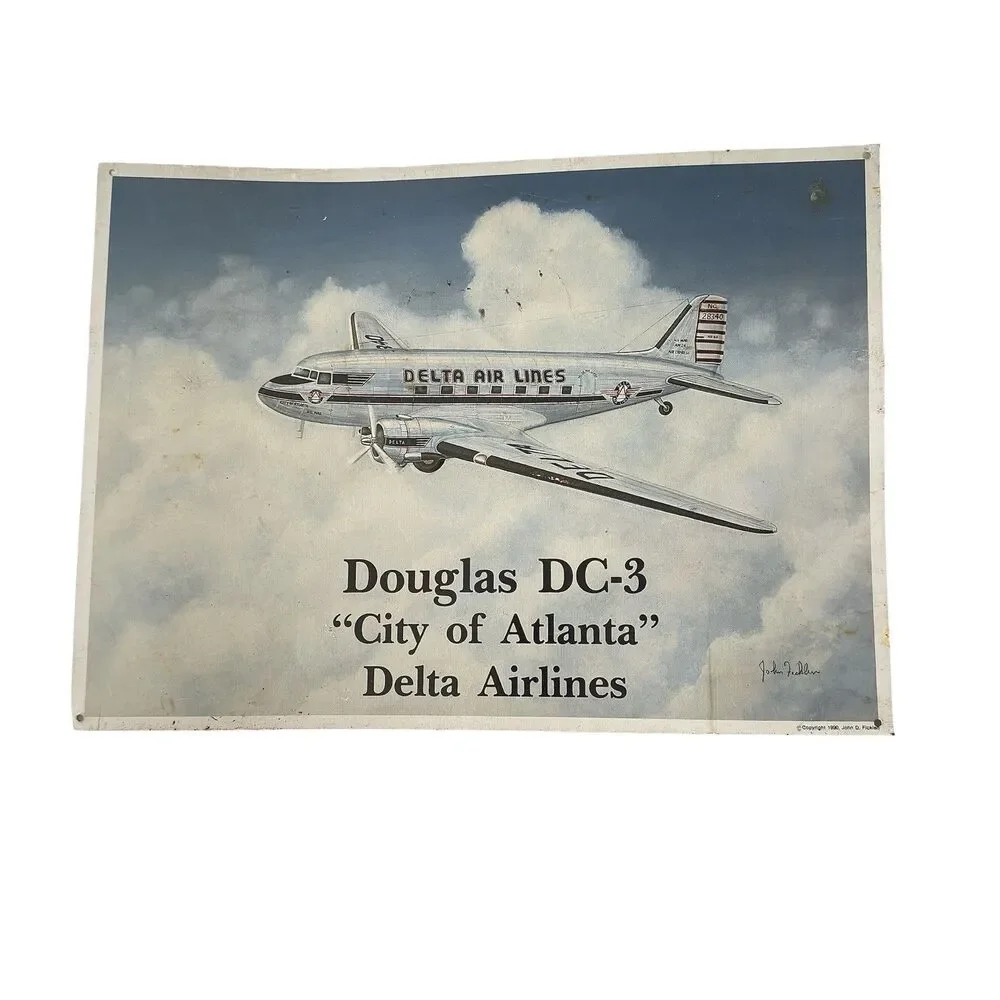 2 Vintage Douglas DC-3 Delta Eastern Airlines Metal Sign Set John Ficklen 1990
